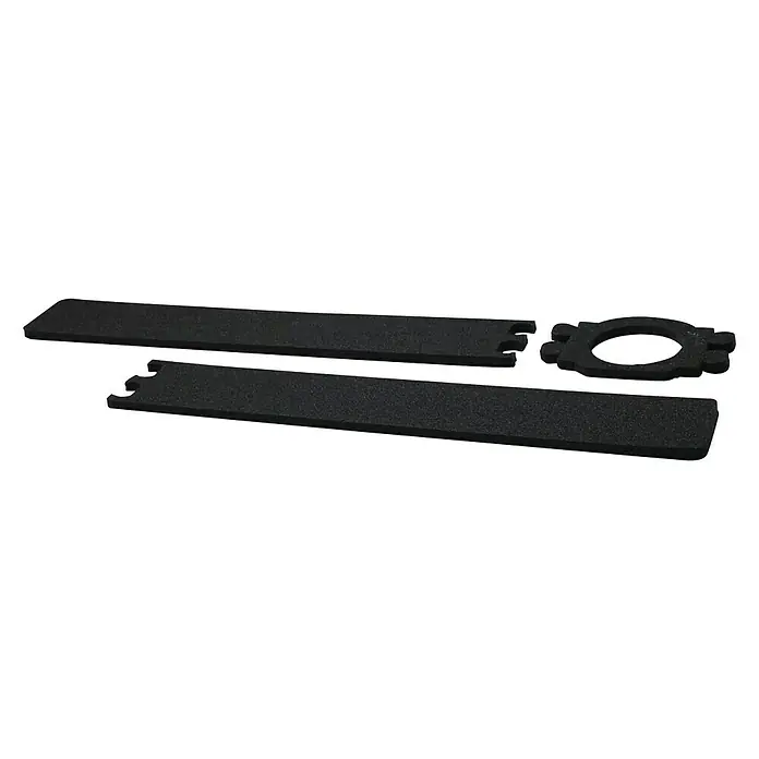 Camargue Plato de ducha de obra Integra con canal sifónico - 90 x 6,9 cm (canalón), Acero inoxidable - Tiras de espuma negra y una pieza de espuma ovalada que podrían usarse como sellos o almohadillas.