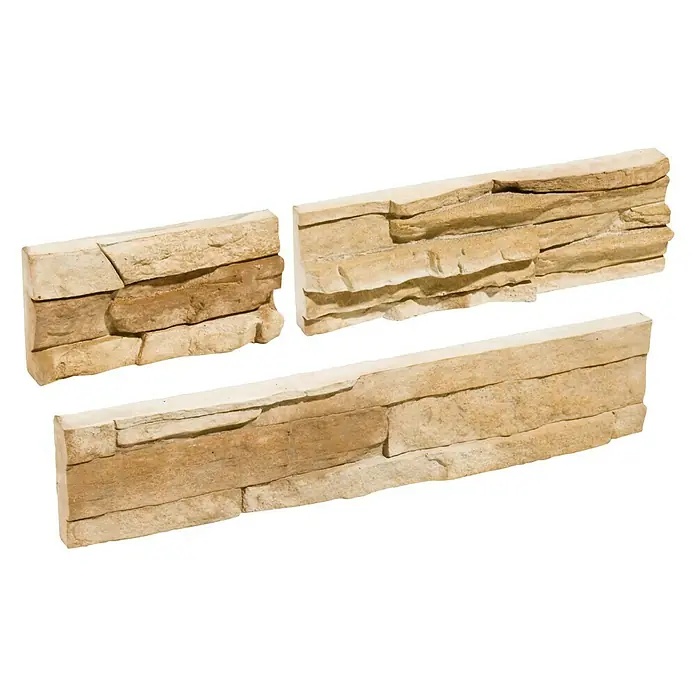 Revestimiento de piedra Petra Arena - Cantidad total: 4 pzs., Arena - Tres paneles de gres decorativo en beige y marrón, ideales para la decoración de paredes.