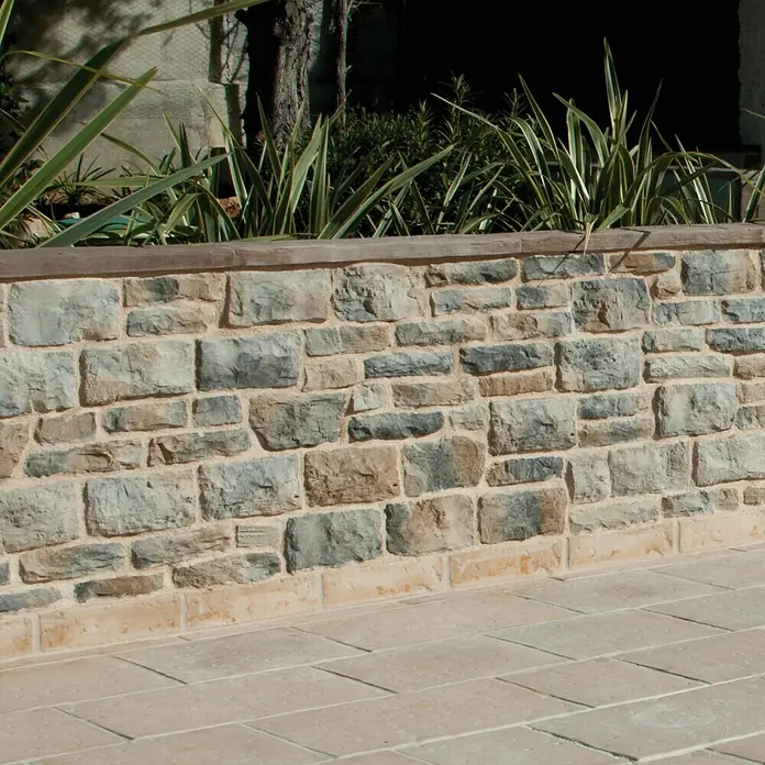 Revestimiento de piedra Silleria Plomo - Gris, Cantidad total: 4 pzs. - Este primer plano muestra una pared de piedra natural con plantas verdes y un camino pavimentado. Las diferentes piedras son llamativas.