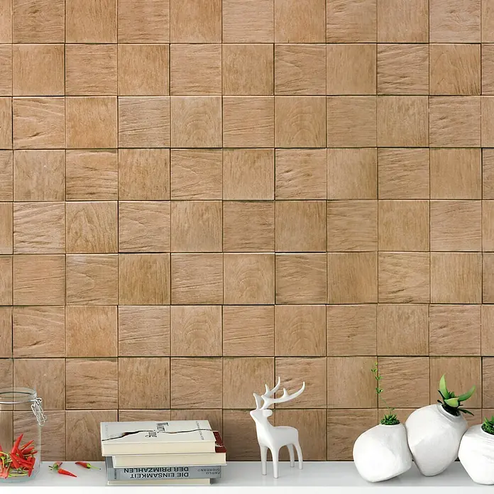 Revestimiento de piedra Teka - Cantidad total: 4 pzs. - Primer plano de una pared con paneles de madera decorativos, creando un ambiente cálido y natural.