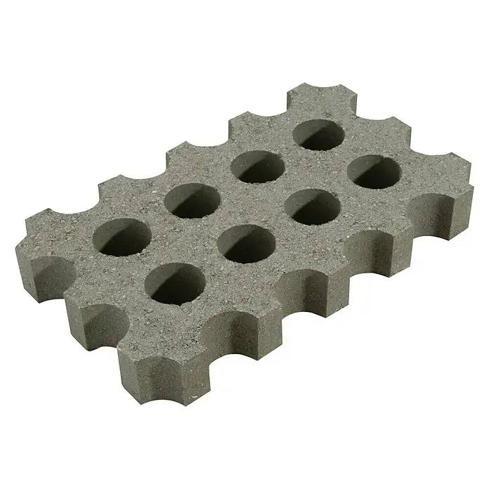 Adoquín para jardín - 60 x 36 x 8 cm, Gris, Hormigón - Un solo adoquín de césped gris con hendiduras redondeadas y agujeros circulares. Ideal para la fijación de superficies ecológicas.