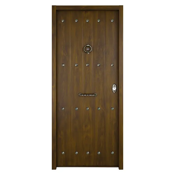SegureStil Puerta de entrada exterior V500CC Serie V - 90 x 207 cm, Izquierda, Nogal, Acorazada - Puerta de madera marrón con herrajes y remaches decorativos para un aspecto rústico. Un verdadero atractivo para cualquier entrada.