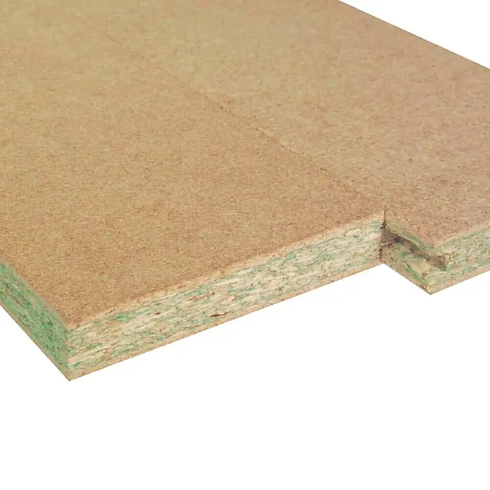 Maderas Daganzo Tablero de melamina hidrófugo - 2,04 m x 91 cm x 19 mm, Machihembrado - Primer plano de un tablero de partículas con machihembrado, ideal para suelos y otros proyectos de construcción.