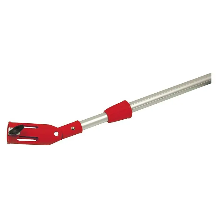Varilla telescópica Extensible con campana pro - 2 m, Aluminio, Extensible - La imagen muestra un recolector de fruta rojo en el extremo de un palo telescópico plateado, una herramienta práctica para la cosecha.