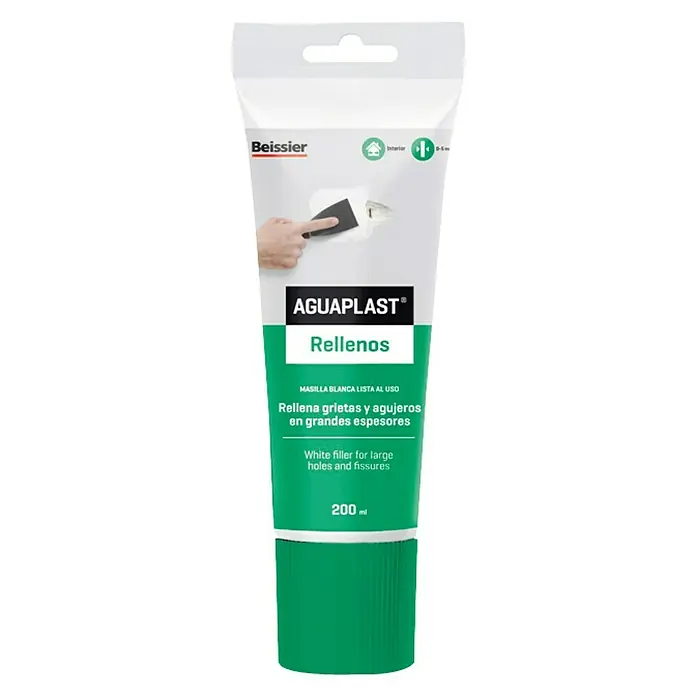 Beissier Aguaplast Masilla Rellenos - Blanco, 200 g - Imagen de un tubo de AGUAPLAST Rellenos, una masilla blanca para grandes agujeros y fisuras de Beissier, con tapón verde.