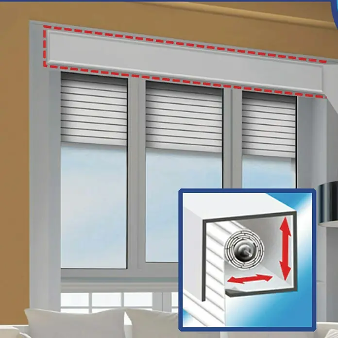 Tesa INSULATION Espuma para ventanas - Blanco, Específico para: Cajón de persiana - Ventana con cajón de persiana, resaltada con una línea roja, que enfatiza la instalación y la protección de las persianas del clima.