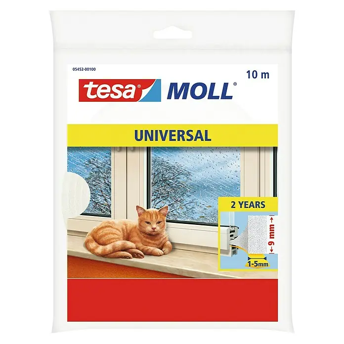 Tesa INSULATION Burlete de gomaespuma universal - Blanco, 10 m x 9 mm x 5 mm, Desajustes de 1 - 5 mm - Imagen del sello Tesa Moll Universal, ideal para ventanas y puertas, destacando su resistencia a la intemperie y flexibilidad.