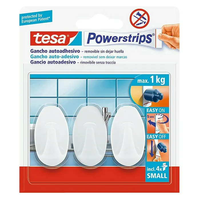 Tesa Powerstrips Gancho autoadhesivo Mini Gancho Ovalado - Blanco, 3 ud. - Ganchos adhesivos Tesa Powerstrips, tamaño pequeño, para un montaje fácil sin taladrar. Ideales para baños y cocinas, soportan hasta 1 kg.