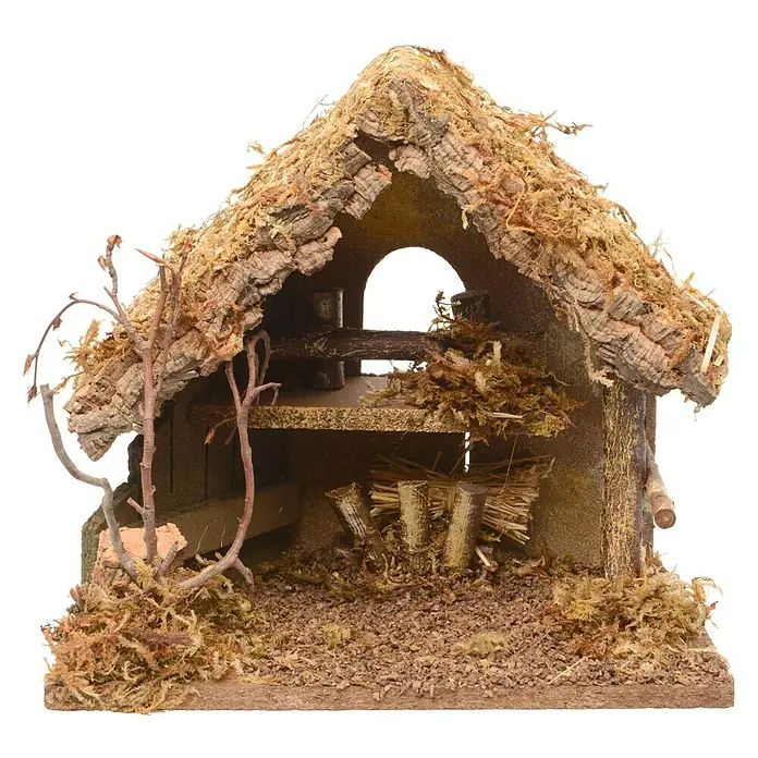 Krippe Klein - Höhe: 26 cm, Breite: 30 cm, Länge: 18 cm, Grün, Natur - Eine rustikale Krippe aus Holz und Moos, ideal für die Weihnachtszeit. Handgefertigte Dekoration mit viel Liebe zum Detail für festliche Akzente.
