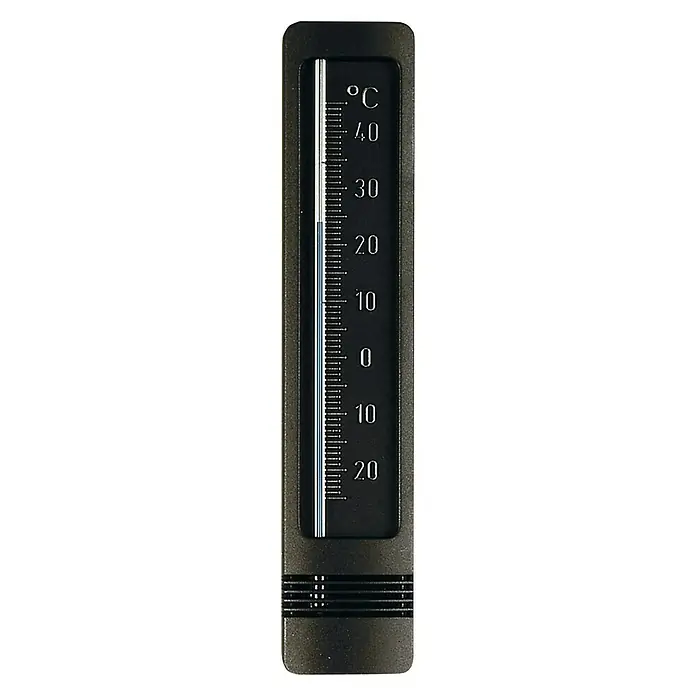 Termómetro para exterior atmosférico - An x Al: 4,5 x 22 cm, Plástico, Negro - Un termómetro negro con una escala Celsius, que muestra una temperatura de aproximadamente 23 grados.