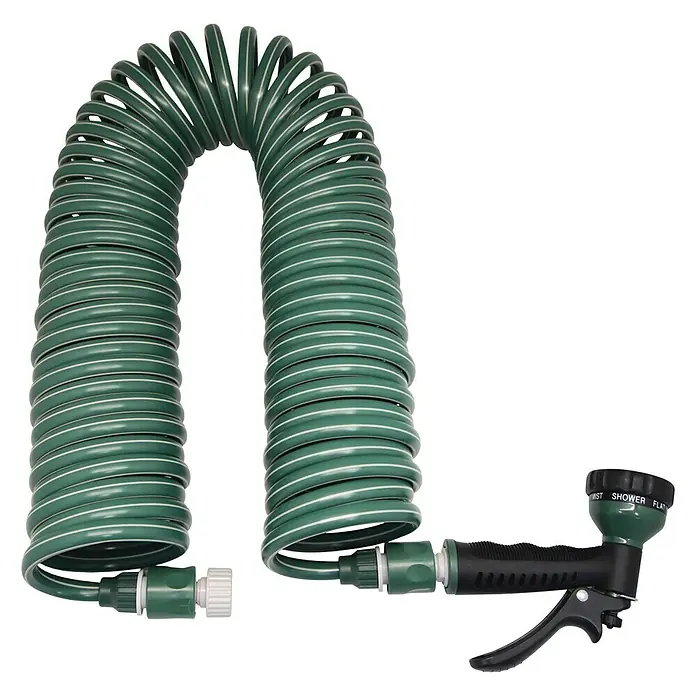 Altadex Manguera en espiral EVA - Largo: 15 m - Manguera de jardín en espiral con boquilla rociadora con diferentes configuraciones para regar el jardín.