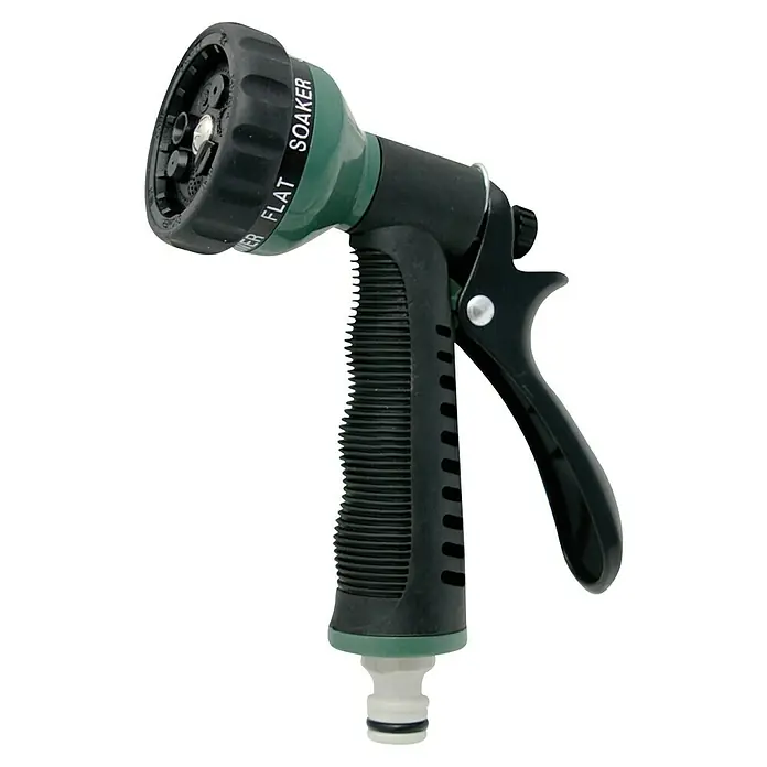 Altadex Manguera en espiral EVA - Largo: 15 m - Un primer plano de un rociador de jardín con patrones de rociado ajustables, perfecto para regar plantas y céspedes.