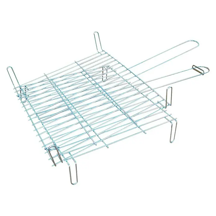 Imex El Zorro Parrilla para barbacoa doble - L x An: 50 x 50 cm - Vista superior de una rejilla de parrilla plateada con asas y patas sobre un fondo blanco.