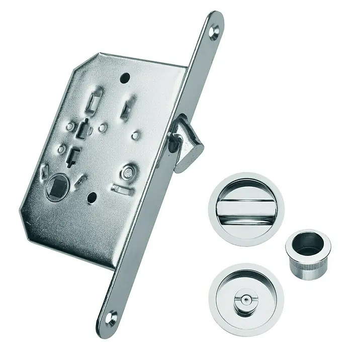 Micel Juego de cerradura de puerta corredera PCR03 - Níquel Satinado, Acero - Un juego de cerradura de puerta con un cuerpo de cerradura plateado, dos manijas redondas y un manguito para puertas correderas.