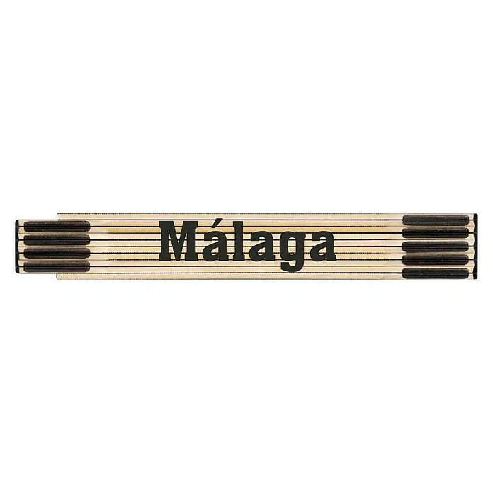 BAUHAUS Metro de madera - Málaga, Largo: 200 cm - Esta imagen muestra un metro plegable con la inscripción 'Málaga'. La herramienta está hecha de madera clara y la inscripción es en negro.