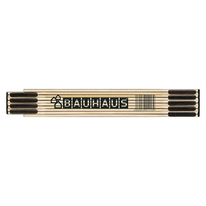 BAUHAUS Metro de madera - Málaga, Largo: 200 cm - Un metro plegable de madera plegado de la marca Bauhaus, mostrando su código de barras y su logotipo. La herramienta es de color beige claro y marrón oscuro.