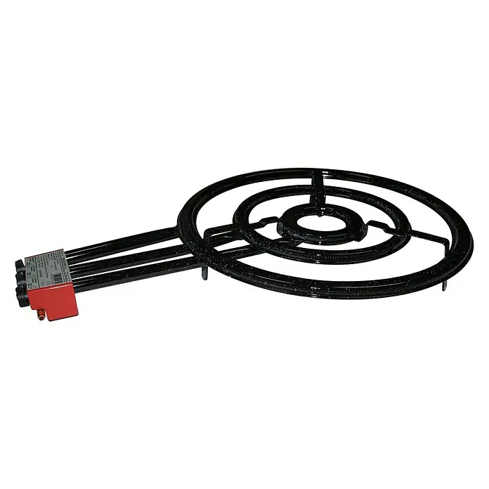 Quemador paellero B-640 - Diámetro: 65 cm - Imagen de un quemador de paella negro con tres anillos y una unidad de control roja, perfecto para utensilios de cocina grandes.