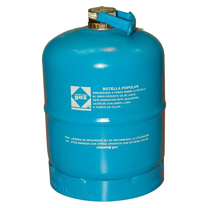 Campingaz Bombona de butano 901 - 0,5 kg - Bombona de gas azul Camping Gaz con etiquetas de advertencia en español, perfecta para cocinas y lámparas de camping.