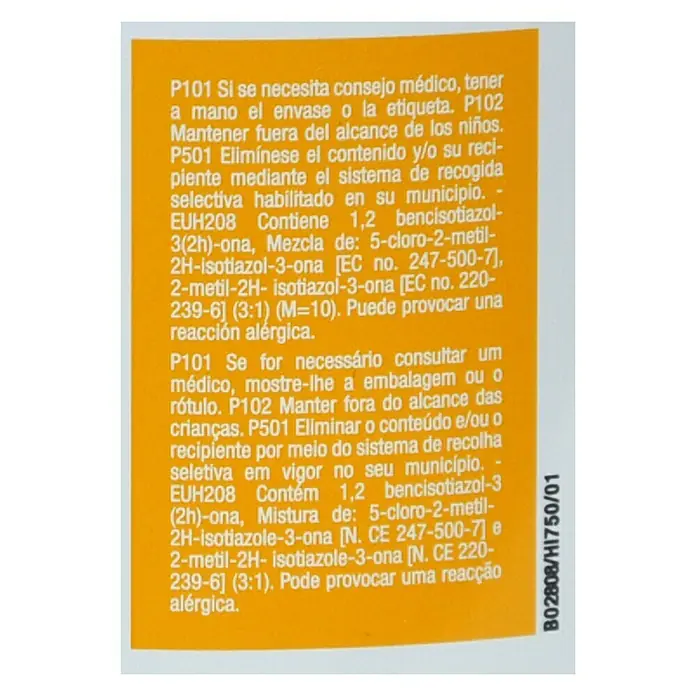 Montó Bricolovers Pintura para paredes y techos - Blanco, Satinado, 750 ml - Detalle de etiqueta con información de seguridad e ingredientes, incluyendo instrucciones de eliminación y advertencias de alérgenos.