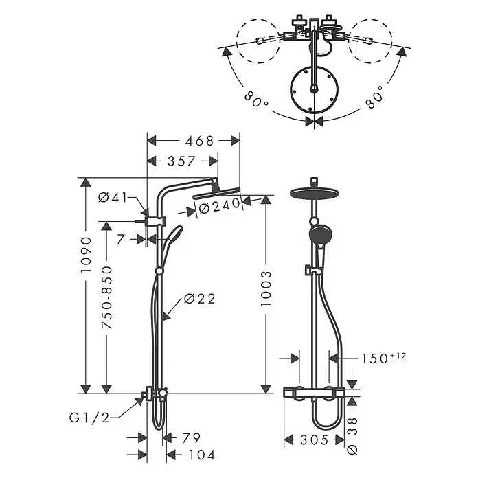 Hansgrohe Sistema de ducha MySelect S240 - Número de tipos de chorro: 3 ud., Cromo - Un dibujo técnico del sistema de ducha con todas las dimensiones y ángulos necesarios para la instalación.