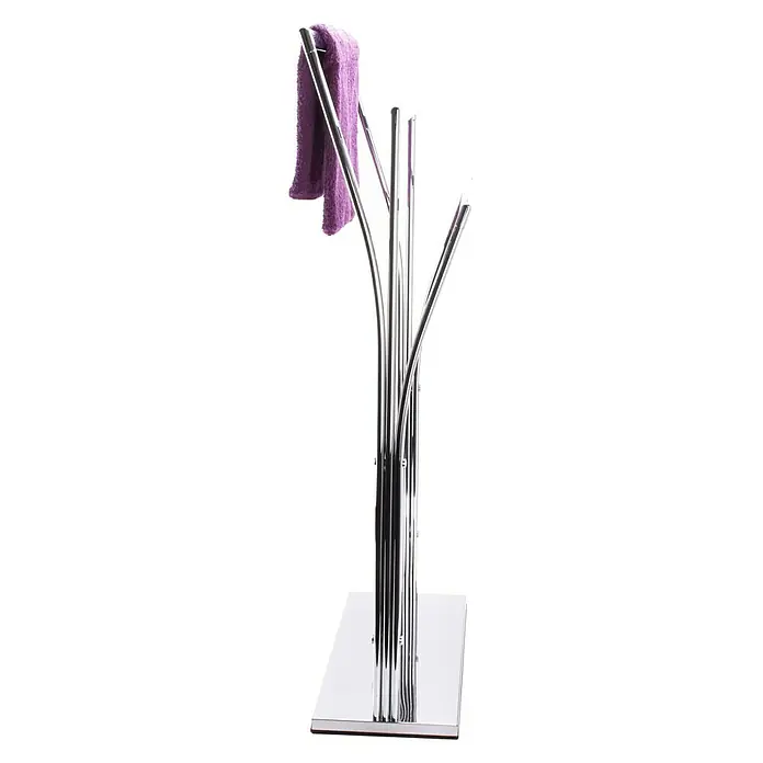 MSV Toallero de barra Pili - L x An x Al: 185 x 41 x 87 cm, Metal, Cromo - Un toallero cromado moderno e independiente con una toalla morada. Perfecto para cualquier baño y una solución de almacenamiento elegante.