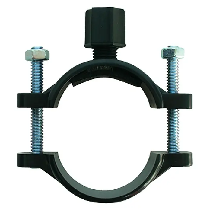 Bb agua Abrazadera para conexión desagüe 1/4" - Apto para: Equipos de ósmosis - Imagen de una abrazadera de tubo negra con tornillos para sujetar tubos.