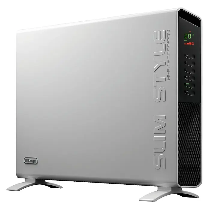 De'Longhi Convector HCX 9120E - Plateado/Negro - Imagen de un calefactor Delonghi Slim Style blanco con pantalla digital y controles.
