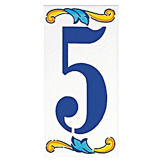 Azulejo de gres Número 5 (7,5 x 15 cm, Blanco/Azul/Amarillo, Brillante)