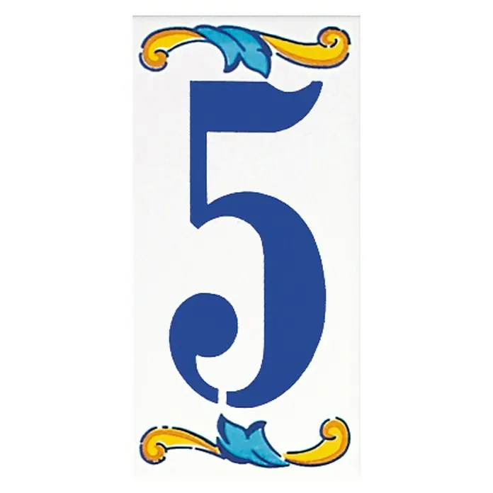 Pavimento cerámico Número 5 - 7,5 x 15 cm, Blanco/Azul/Amarillo, Brillante - Azulejo decorativo con el número de casa "5" en azul, adornado con motivos florales para darle un toque único al exterior de tu hogar.