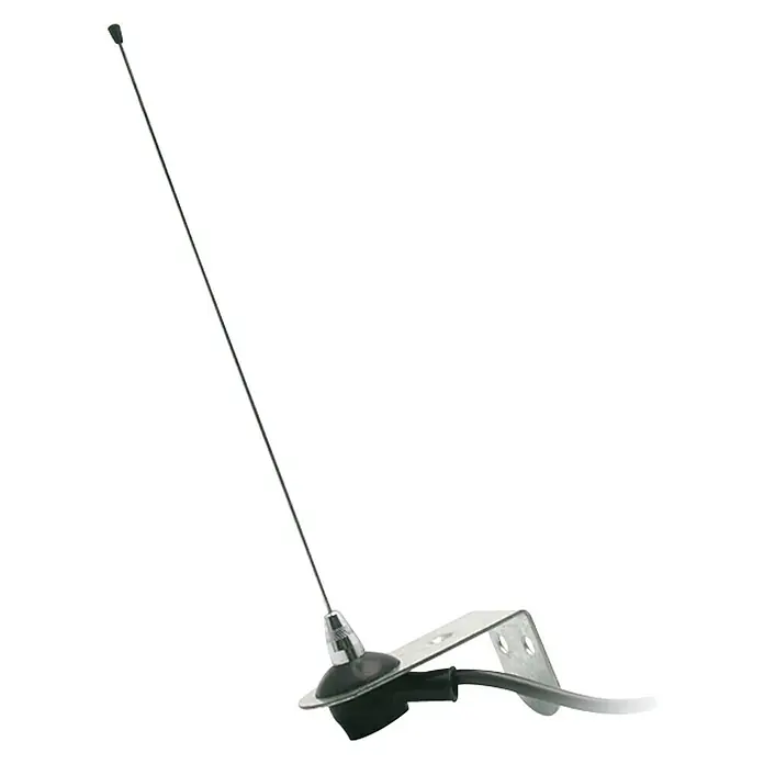 Antena suplementaria - Largo: 2 m - La imagen muestra una antena de montaje en superficie con un soporte metálico para la instalación. La antena es negra y tiene una varilla larga y delgada.