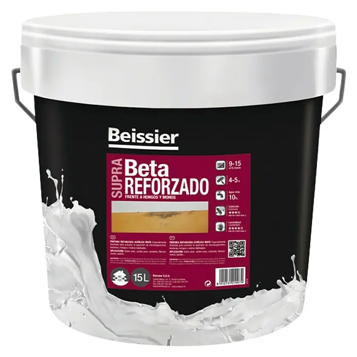 Beissier Pintura acrílica Beta Reforzado - Blanco, 15 l - Un cubo de pintura Beissier Supra Beta REFORZADO, resistente al moho y al mildiu. Ideal para superficies interiores y exteriores.