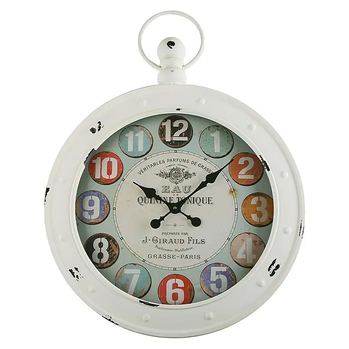Versa Reloj de pared Giraud fils - Diámetro: 60 cm, Blanco - Un reloj de pared blanco estilo reloj de bolsillo vintage con números coloridos y acabado antiguo.
