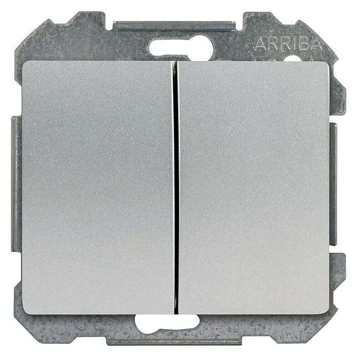 Siemens Delta Iris Conmutador doble - Plateado, Empotrar, Aluminio - Primer plano de un interruptor de luz doble con placa frontal plateada y marco metálico. La palabra "ARRIBA" es visible en el marco.