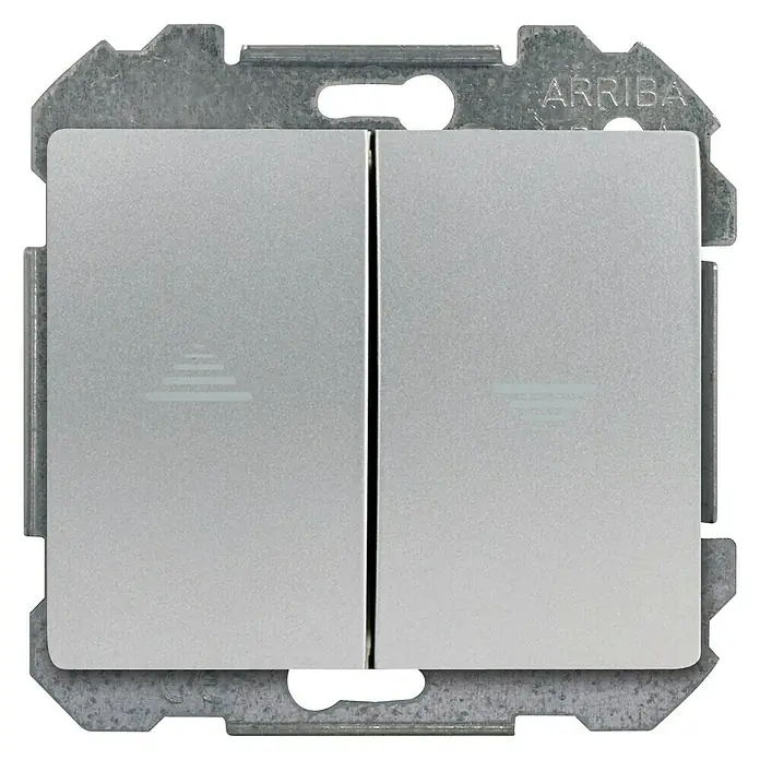 Siemens Delta Iris Interruptores para persianas - Plateado, Mate, Montaje en superficie - Primer plano de un interruptor de luz doble Arriba plateado con marco metálico, símbolo de persianas y logotipo del fabricante.