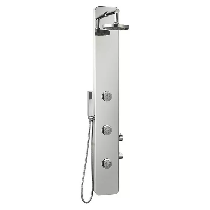 Rousseau Panel de ducha Gloss - Altura: 150 cm, Con grifo monomando, Aluminio - Panel de ducha cromado con rociador, ducha de mano, chorros corporales y controles.
