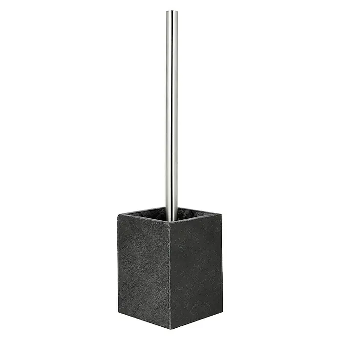 Bath Stage B-Black Conjunto de escobilla - 10 x 10 x 32 cm, Cerámica, Negro - Imagen de un moderno portaescobillas de baño con una base cuadrada de piedra oscura y un mango plateado y delgado.