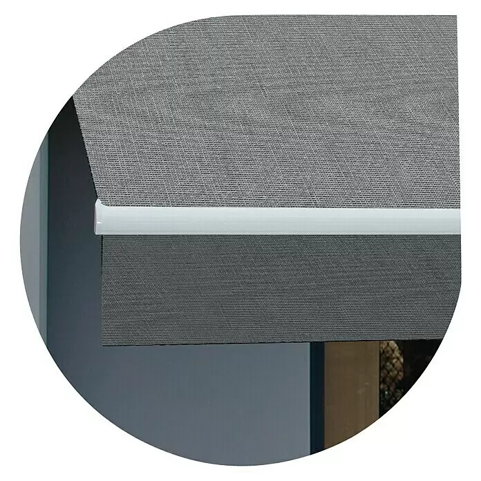 SmartSun Toldo de brazos extensibles Original Kit Acrílico - Gris, Ancho: 3 m, Caída: 2 m - Estor enrollable de tela gris, parcialmente desenrollado, con una barra inferior blanca.