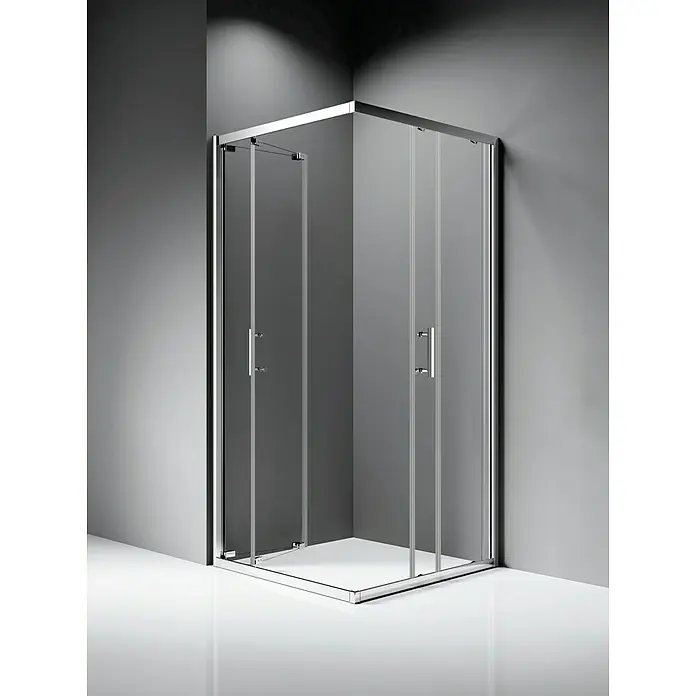 Mampara de ducha esquinera Raisa - An x L: 80 x 80 cm, Vidrio transparente, Plata - Cabina de ducha con paneles de vidrio transparente y marcos cromados, que ofrece una solución de ducha moderna y elegante.