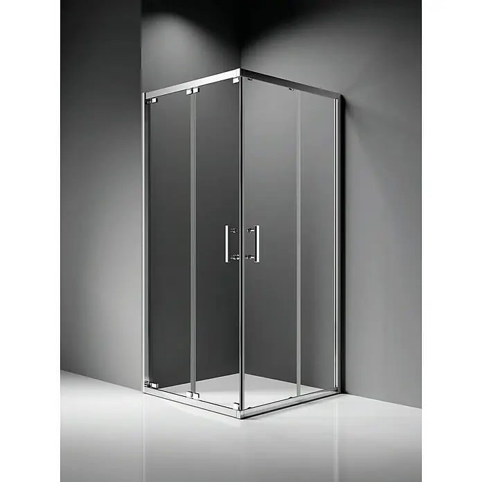 Mampara de ducha esquinera Raisa - An x L: 80 x 80 cm, Vidrio transparente, Plata - Elegante cabina de ducha con paneles de vidrio transparente y marcos cromados delgados, que crea una estética de baño moderna.