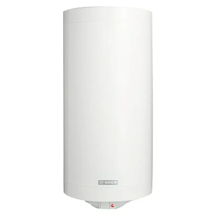 Bosch Termo eléctrico Tronic 2000T - 100 l, 2.000 W, Montaje en la pared - Este artículo presenta un calentador de agua Bosch blanco. Es cilíndrico, con una pequeña luz roja en la base, que indica que está encendido y funcionando.