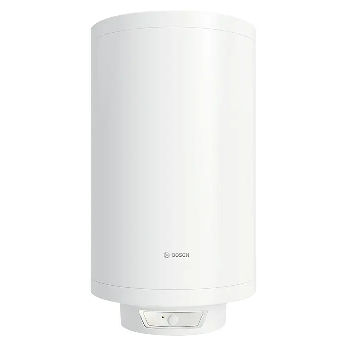Bosch Termo eléctrico Tronic 6000T - 35 l, 1.200 W, Montaje en la pared - Un calentador de agua Bosch blanco moderno, ideal para uso doméstico, con un diseño elegante y un suministro de agua caliente eficiente.