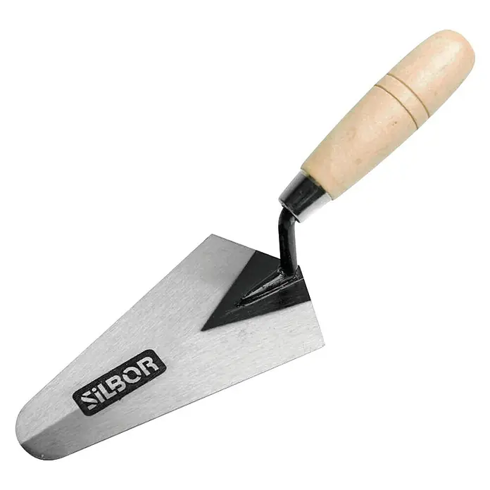 Paleta tipo lengua - Largo: 175 mm - Llana con mango de madera y hoja plateada con la inscripción "SILBOR" para trabajos de albañilería.