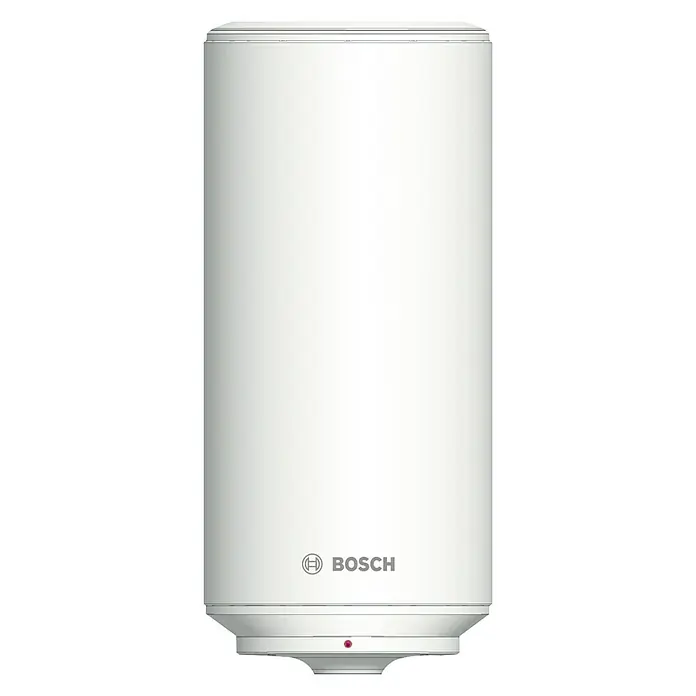 Bosch Termo eléctrico Tronic 2000T Slim - 30 l, 1.500 W, Montaje en la pared - Un calentador de agua blanco de Bosch con el logo de Bosch en la parte inferior central. Diseño compacto para un suministro eficiente de agua caliente.