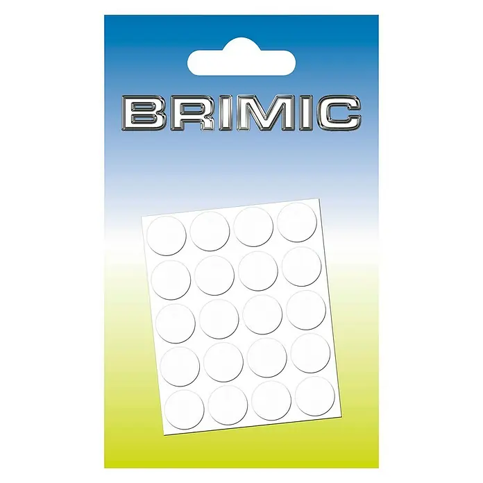 Micel Brimic Tapón embellecedor Blanco - Diámetro: 13 mm, Pegado, 20 ud. - La imagen muestra un paquete de adhesivos circulares blancos Brimic dispuestos ordenadamente en filas sobre una tarjeta blanca.