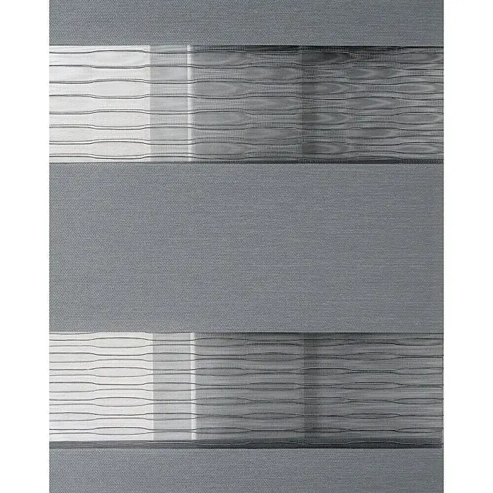 Estor noche y día Premium - An x Al: 200 x 250 cm, Gris - Detalle de una persiana enrollable gris moderna con franjas horizontales transparentes y opacas alternadas para regular la luz.