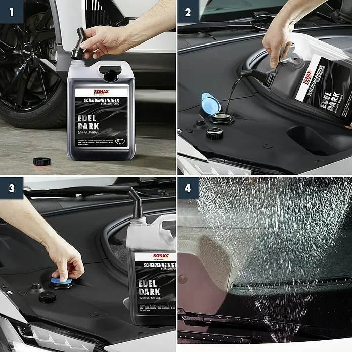 Sonax Scheibenreiniger Edeldark - 5 l, Designer-Duft - Bild zeigt die Anwendung von Sonax Edel Dark Scheibenreiniger.