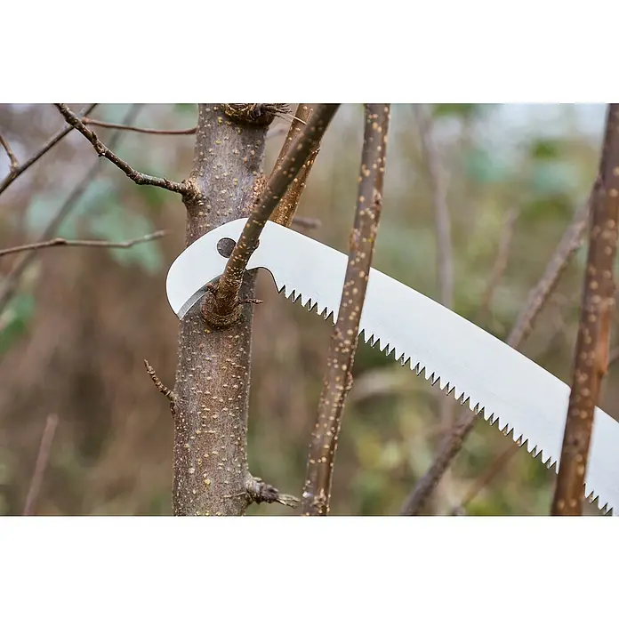 Gardol Comfort Baumsäge GDS40 - 40 cm - Nahaufnahme einer Baumsäge beim Beschneiden eines Astes, ein unverzichtbares Werkzeug für die Gartenarbeit.