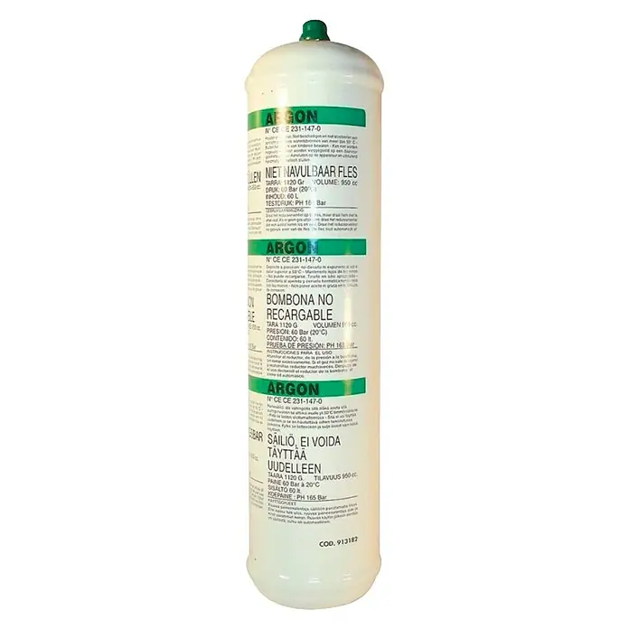 Botella de argón - 1 l - Botella de argón desechable con etiquetas multilingües.