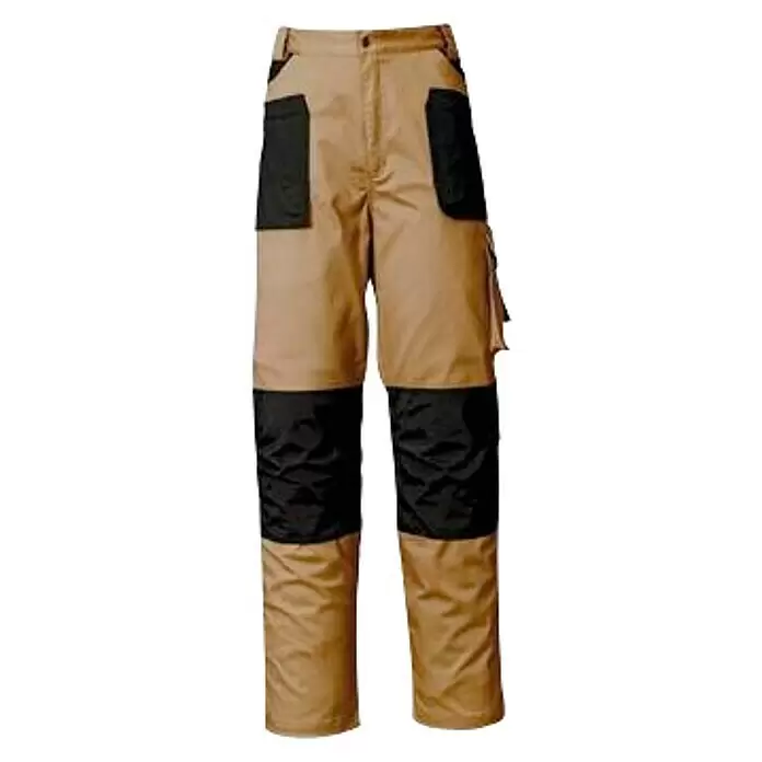 Industrial Starter Pantalones de trabajo Stretch - Caballeros, L, Beige/Negro - Pantalones de trabajo marrones con rodilleras negras reforzadas y bolsillos multifunción.