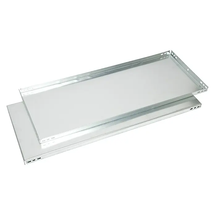 Balda adicional - L x An x Al: 80 x 40 x 3,2 cm, Metal, Color: Galvanizado - Dos estantes de cajones de acero galvanizado con agujeros para fijaciones, apoyados sobre una superficie blanca.